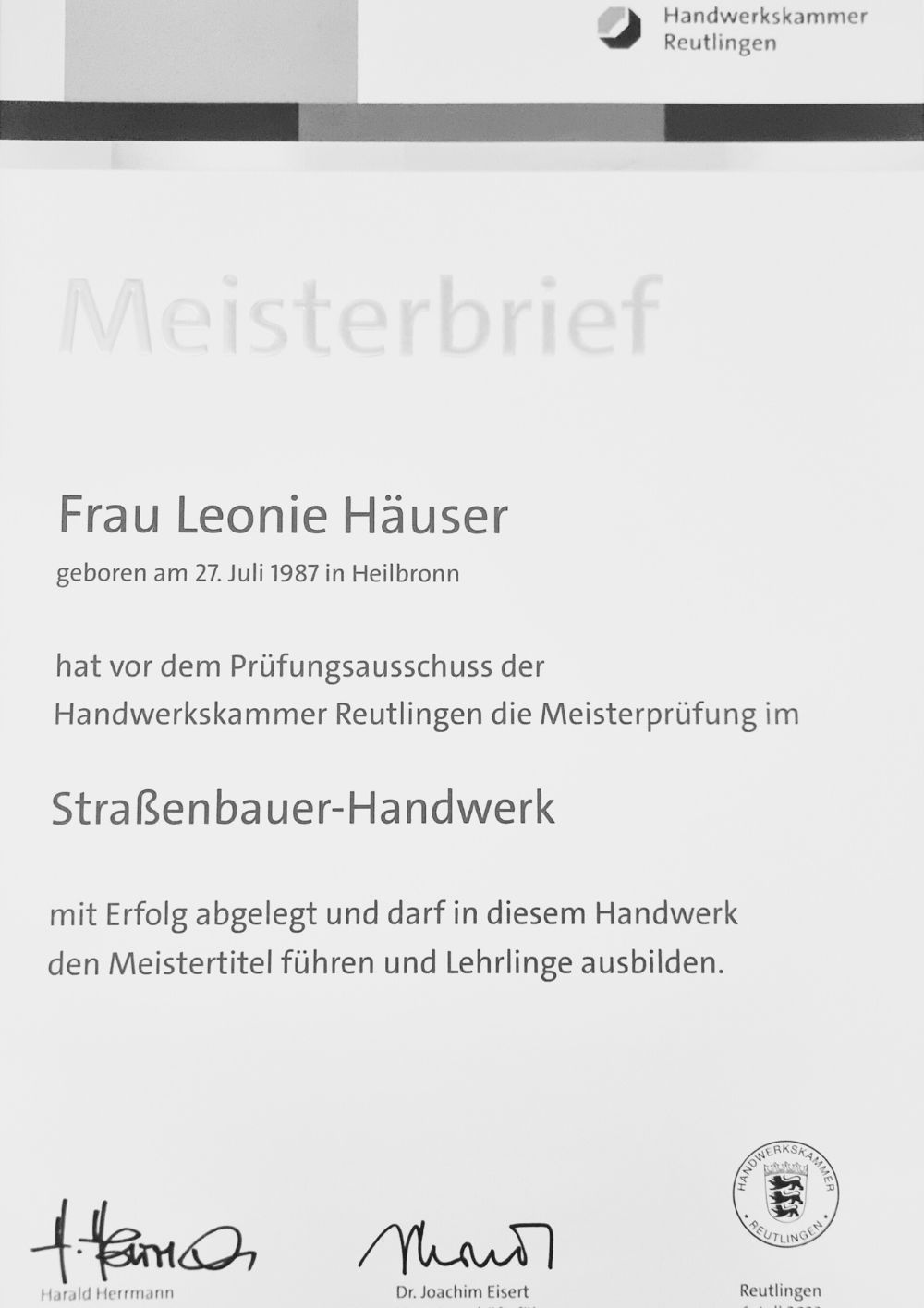LH Bauunternehmung Leonie Häuser Meister im Straßenbauer-Handwerk