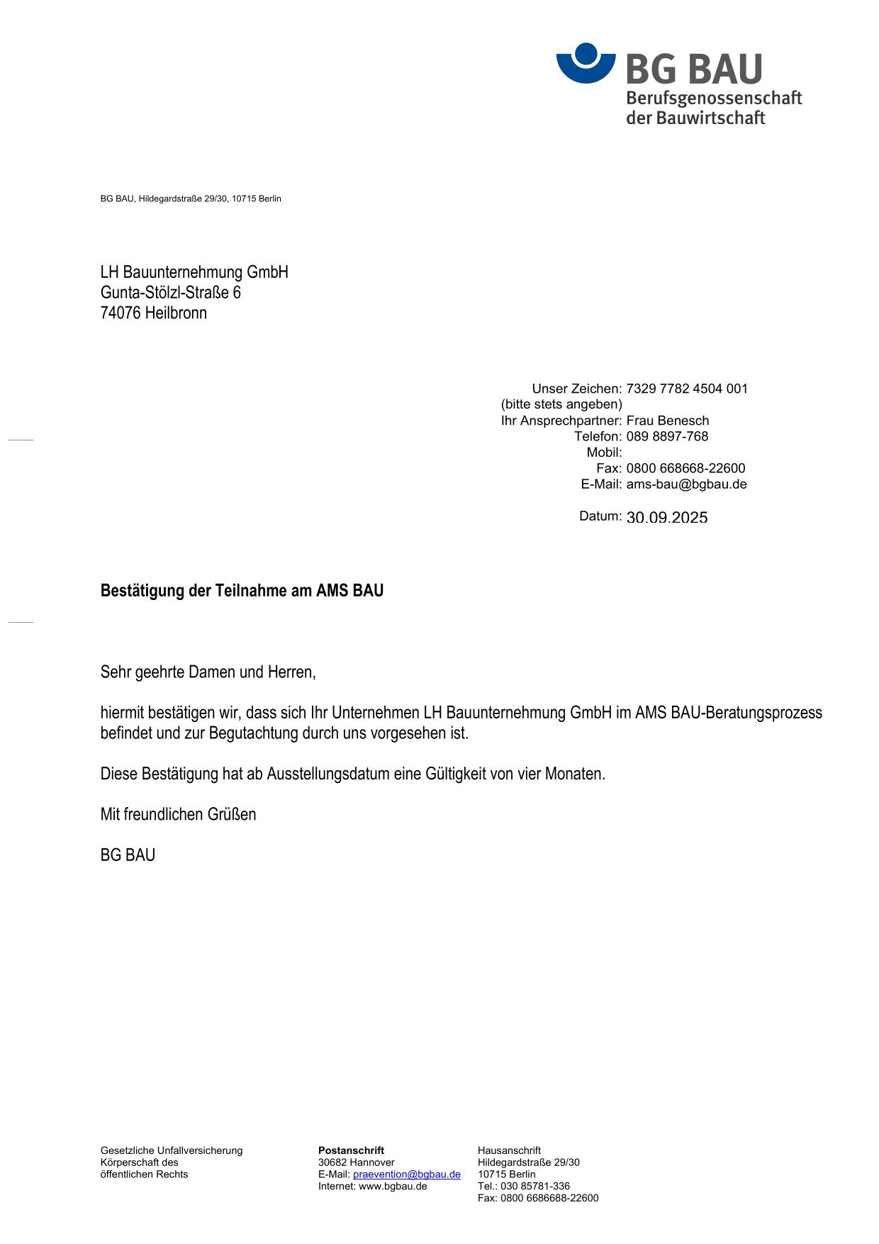 Bestaetigung der Teilnahme am AMS BAU