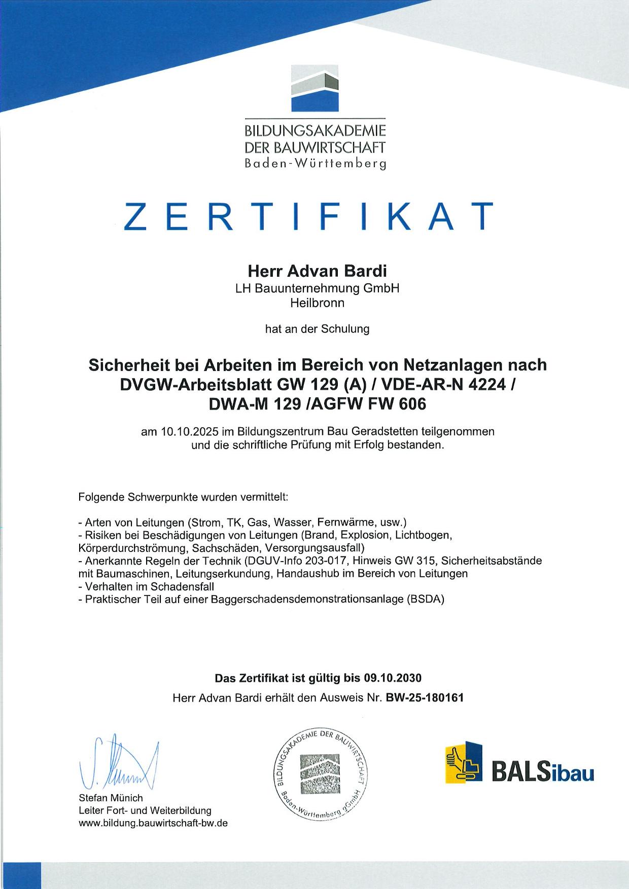Zertifikat GW 129 Advan Bardi