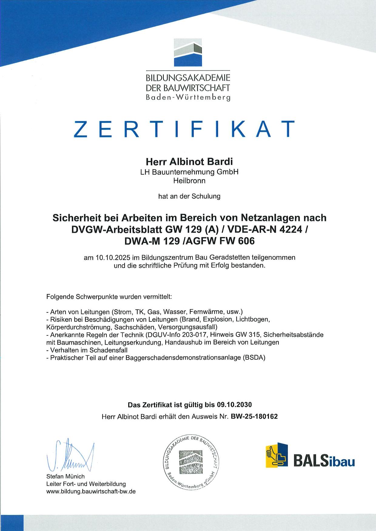 Zertifikat GW 129 Albinot Bardi