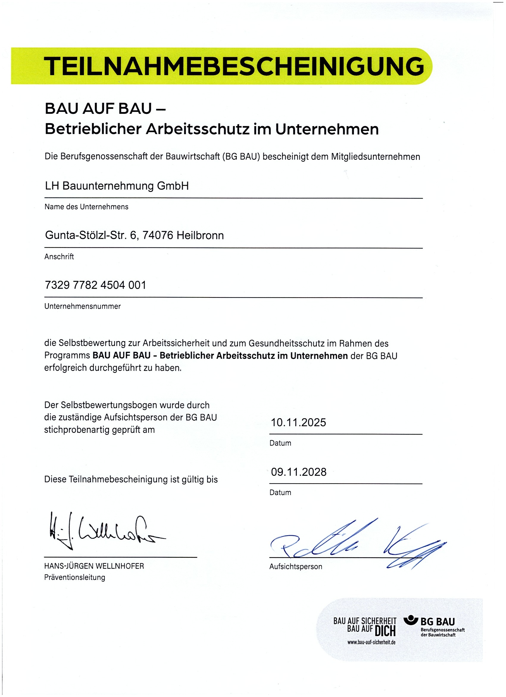 Teilnahmebescheinigung Bau auf BAU